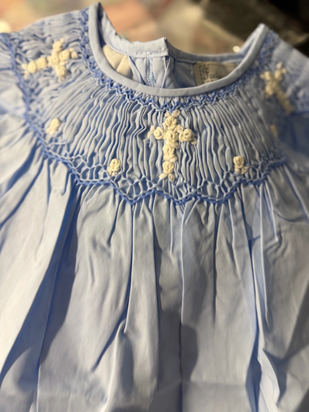 Smocked tries 3T blue bishop dress with crosses new with tags